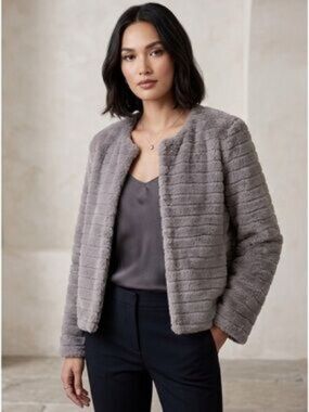 KAII Los Angeles Faux Fur Open Front Jacket Taupe Gray Soft Plush Coat Large